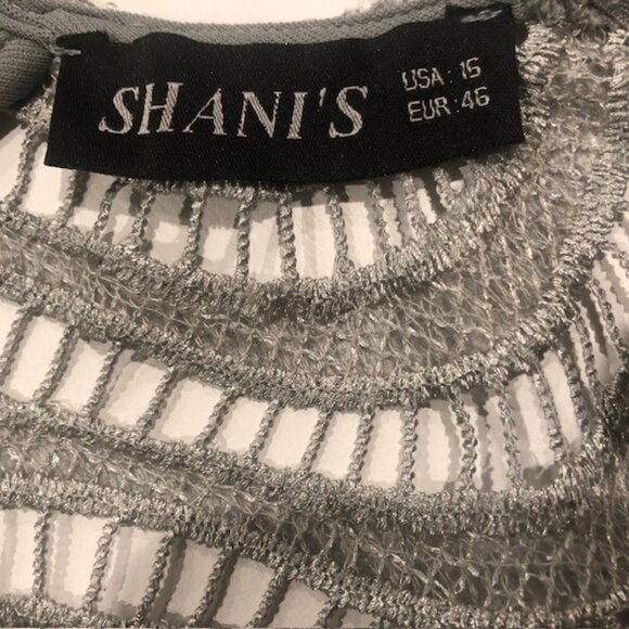 SHANI'S Stunning Silver Lace Sequined Semi-Sheer Wave Pattern Evening Top Sz 16 - Picture 5 of 5
